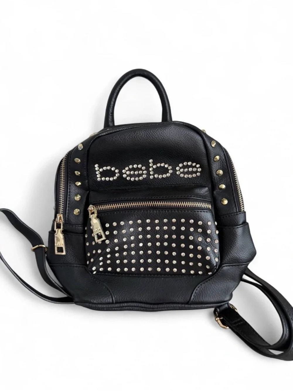 bebe Black Studded Mini Backpack with Gold Accents